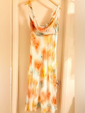 Banana Republic Watercolor Cream Maxi Dress with Orange & Aqua Accents